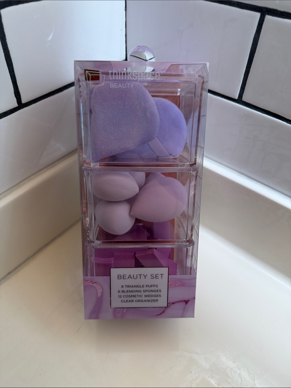 thinkspace Beauty Set Lavender Makeup Sponge Wedge & Puffs in Clear Storage NWT